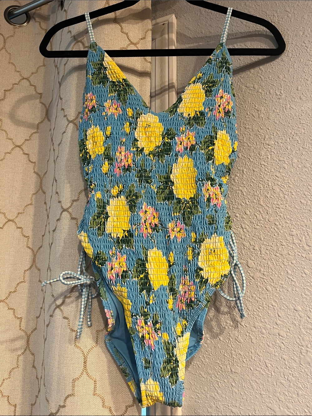 aerie Blue Smocked One-Piece Swimsuit with Yellow Floral Print